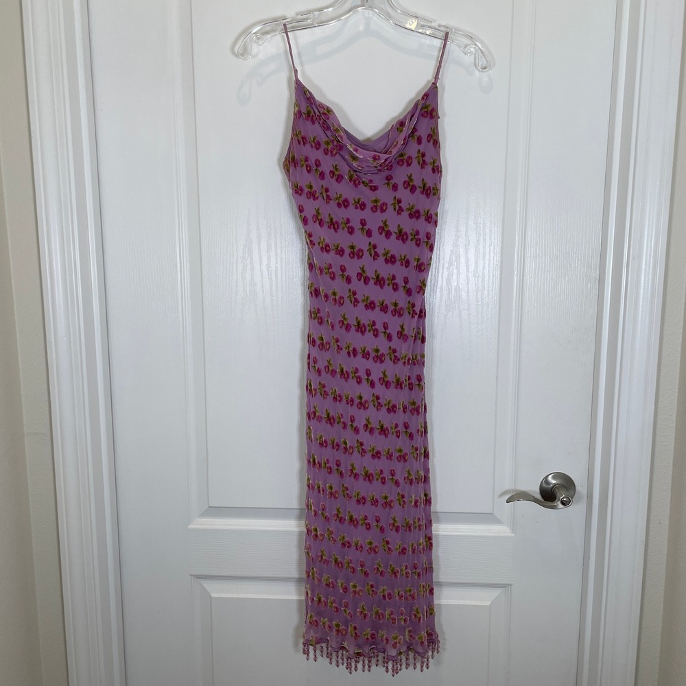Betsey Johnson Y2K Vintage Dress Black Label Lilac Velvet Floral Silk Fringe M - Picture 2 of 12